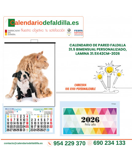 CALENDARIO DE PARED FALDILLA 31.5 BIMENSUAL PERSONALIZADO, LAMINA 31.5X42CM-2026